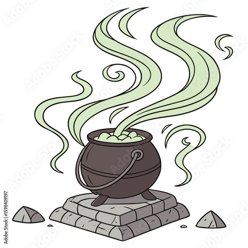 A witch's cauldron bubbling with green potion and steam sitting on a stone platform with two stones