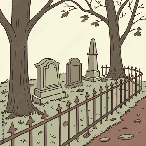 A graveyard scene with tombstones, trees, and a wrought iron fence under an overcast sky illustration