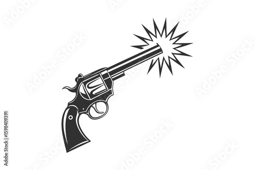 Classic revolver firing a single shot creating a starburst effect silhouette isolated on white background