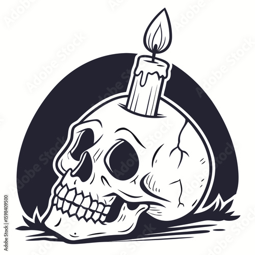 Illustration of a skull with a candle on top against a dark background with some grass below it