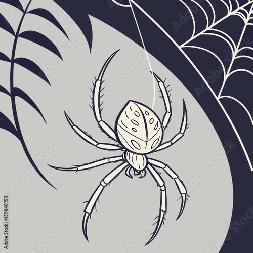 Illustration of a spider hanging from a web with leaves in a grayscale color palette and line art style