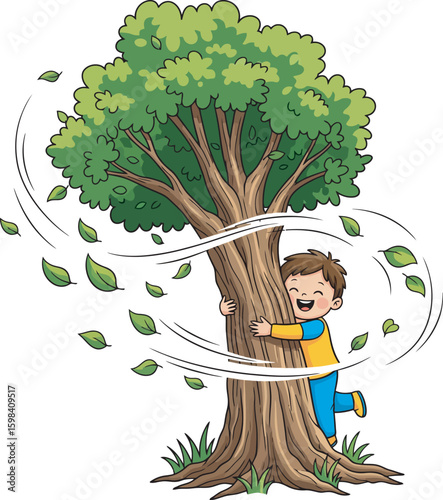 A cheerful young boy happily embraces a large tree, surrounded by swirling leaves.