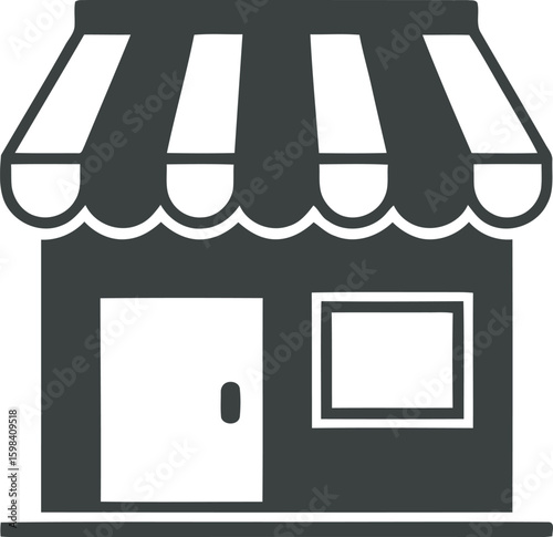 Simple illustration of a storefront with awning, door, and window.