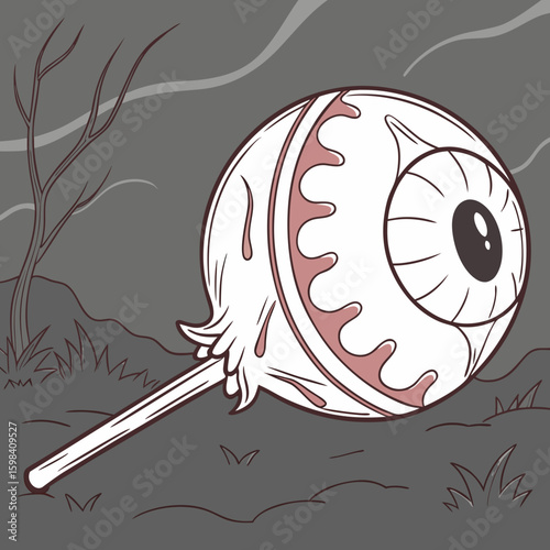 A spooky eyeball lollipop with dripping details in a monochrome halloween landscape setting at night