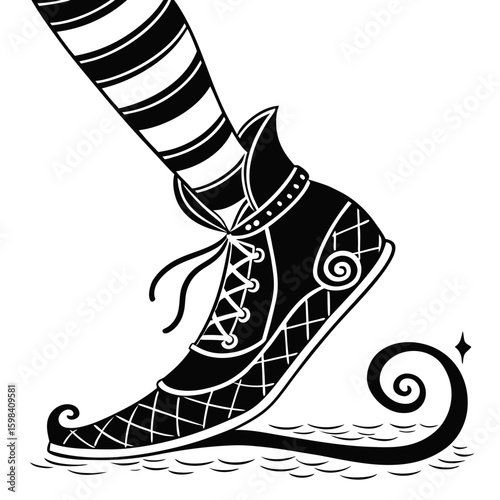 A witch leg with striped stockings and a pointy shoe with laces and a swirl in black and white style