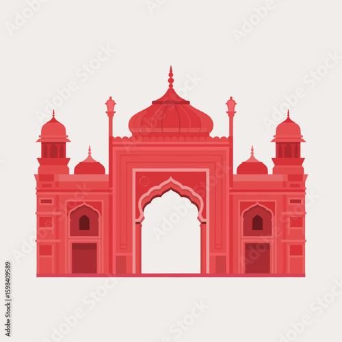 Ornate red indian palace facade with domes and minarets