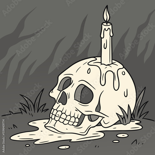A skull with a candle on top and wax dripping down in a spooky dark illustration style image scene