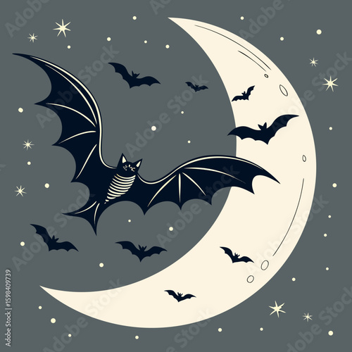 Crescent moon with bats flying around it and one hanging from a string in a starry night sky background
