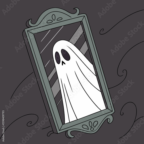 A spooky ghost appears in the mirror above a dresser in a hallway with doors and stairs visible