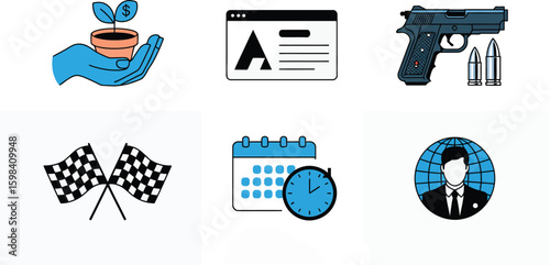 Six Blue and Black Line Icons Growth, Website, Gun