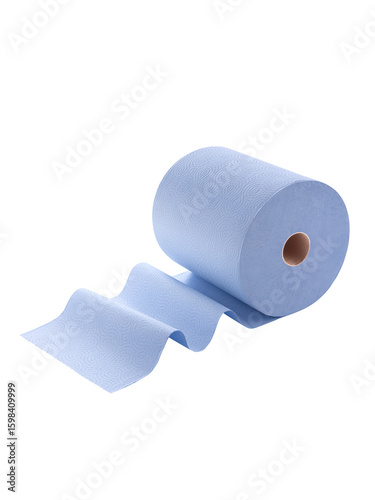 Open roll of blue paper towels on a white background. Vertical photo. Copy space