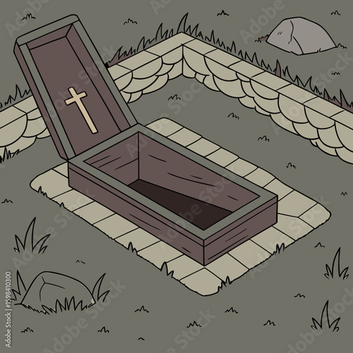 Illustration of an open stone crypt with metal clasps in a graveyard with tombstones and a tree in fog