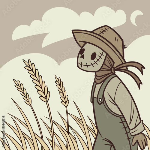 Illustration of a scarecrow in a field with two crows perched on its outstretched arms in a rural scene