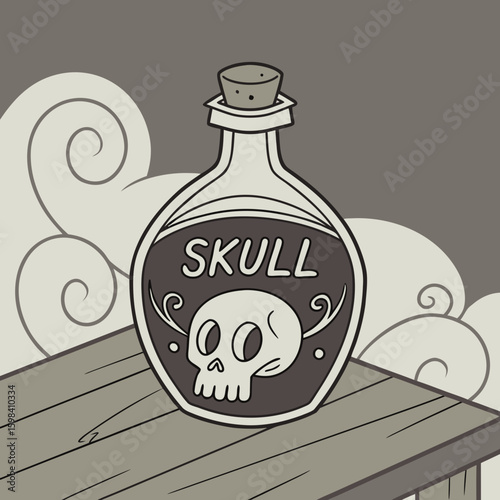 A cartoon illustration of a skull inside a potion bottle with a cork and dark smoke behind it on grass