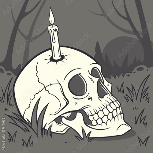 Illustration of a skull with a candle on top against a dark background with some grass below it