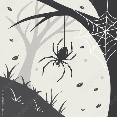 Illustration of a spider hanging from a web with leaves in a grayscale color palette and line art style