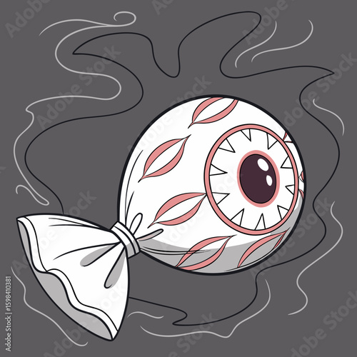 A spooky eyeball lollipop with dripping details in a monochrome halloween landscape setting at night