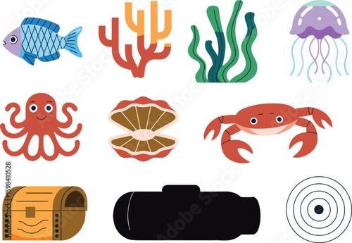Ocean life and treasure chest icons fish coral