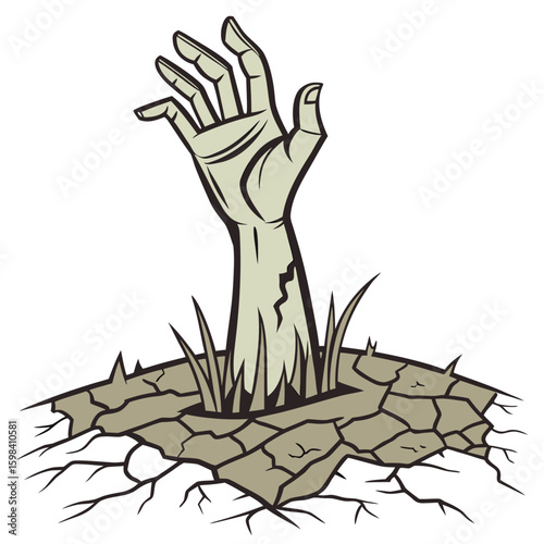 A cartoon illustration of a zombie hand emerging from a grave with smoke and grass around it at night