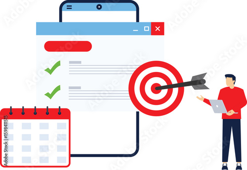 achievement concept. list of goals or future actions on the device screen. arrow right on target and calendar near the smartphone. flat vector illustration on the background.

