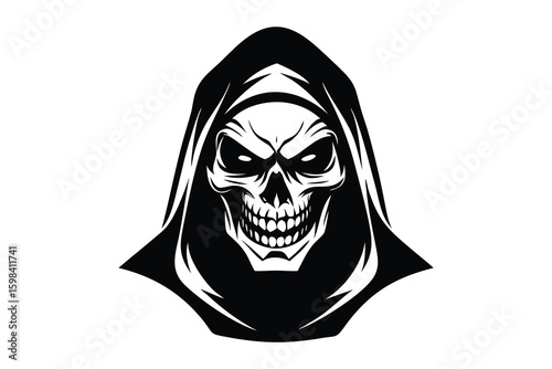 Menacing grim reaper skull with piercing eyes and a wide grin wearing a hooded cloak depicted as a stark silhouette isolated on white background
