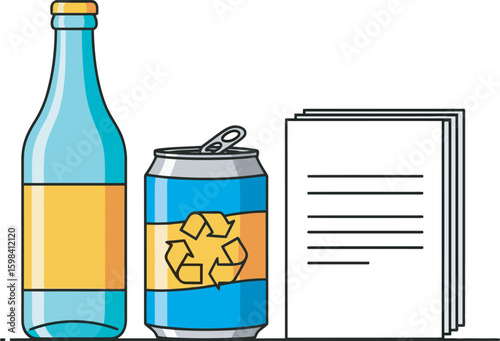 Recyclable glass bottle, can, and paper illustrate proper waste disposal.