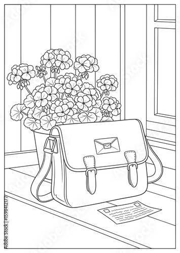 Line art of geranium flower pot with mail bag and letter on windowsill – cozy black and white illustration