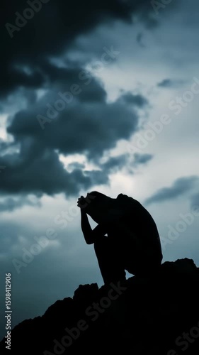 Silhouette of a man sitting alone with a stormy sky background. Concept of depression, loneliness, or despair. Dramatic footage.