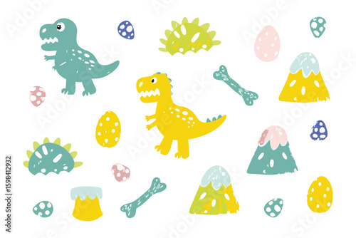 Prehistoric Playtime: Adorable hand-drawn illustrations bring a playful dinosaur scene to life. Vibrant colors and playful designs for children.