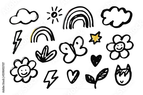 Hand-Drawn Whimsy: A delightful collection of playful, childlike illustrations featuring clouds, sun, rainbow, flower, butterfly and more creating a charming scene.