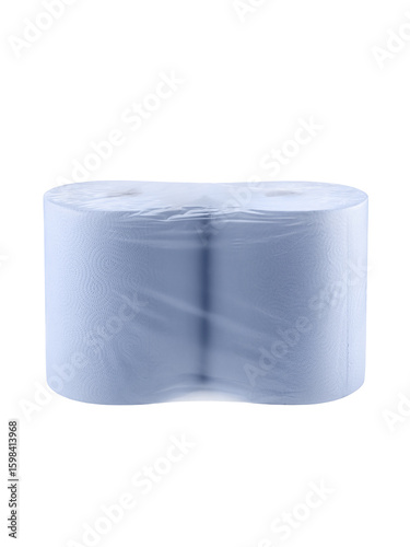 Two rolls of blue paper towels in a plastic bag on a white background. Vertical photo. Copy space
