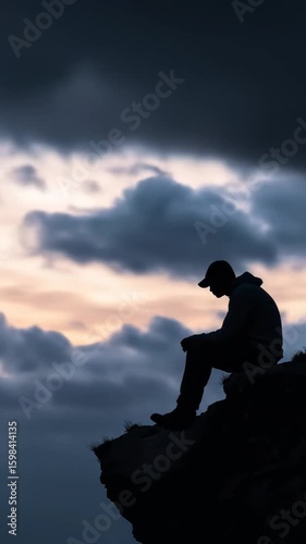 A man sitting alone in silhouette on a rocky cliff under a dramatic sky. Contemplation and solitude concept footage.