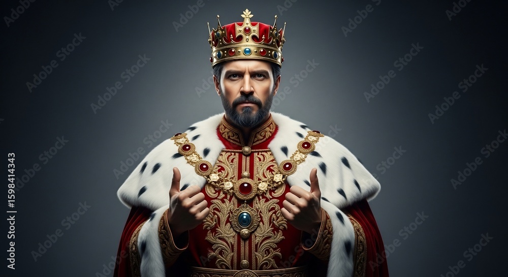 A regal monarch with a beard and crown, adorned in a royal red and white fur-trimmed robe, gazes intently. A regal monarch with a beard and crown, adorned in a royal red and white fur-trimmed robe, gazes intently.