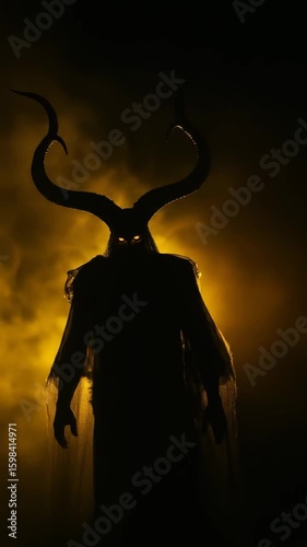 Scary devil man or demon wearing dark costume with horns and glowing eyes standing for Halloween footage.