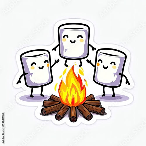Cute Marshmallow Characters Roasting at a Campfire
