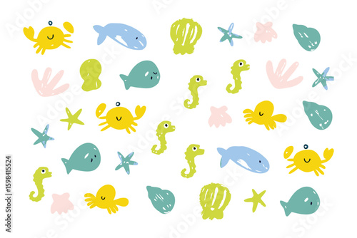 Undersea World Illustration: A vibrant array of cartoonish sea creatures, rendered in a delightful, childlike style.
