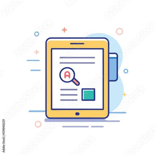 Tablet displaying search results with magnifying glass and house icon