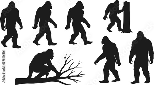 Vector art of silhouettes of bigfoot walking and interacting with nature isolated on white background