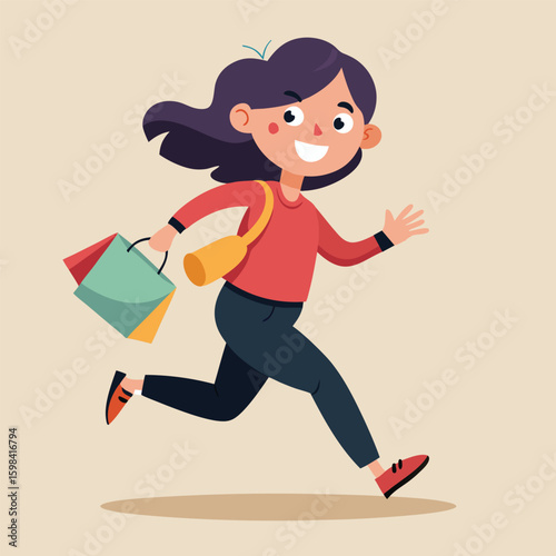 Happy woman running with shopping bags