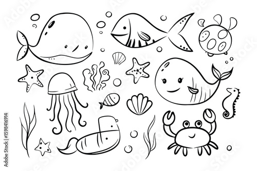 Oceanic Whimsy: An array of adorable marine life forms in playful sketch outlines, inviting the imagination to dive into an underwater wonderland, filled with the charm of the sea's inhabitants.