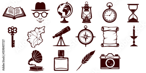 icons for antique lovers, Antique icon set for collectors, vintage style, brown color, represents nostalgia on transparent background