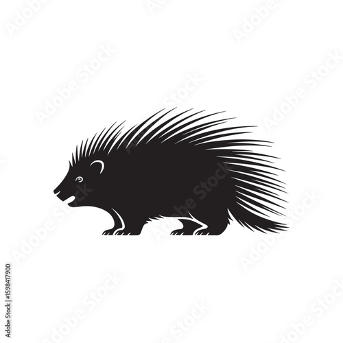 Monochrome porcupine silhouette icon design. A simple black vector graphic illustration of a spiky rodent animal isolated on a white background for logos and emblems.