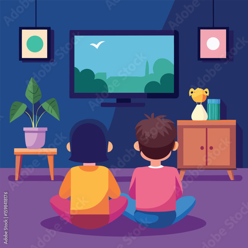Two children watching television together in a cozy living room