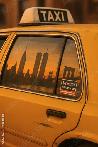 Vintage taxi cab reflecting a cityscape with a river and bridge at sunset, featuring a sticker that reads 
