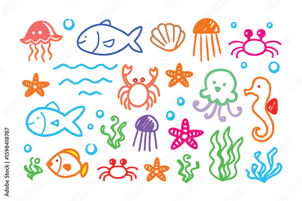 Naklejka premium Underwater Wonderland Sketch: A colorful and whimsical sketch of various aquatic creatures, each rendered in a vibrant palette of blues, oranges, and greens, creating a lively underwater scene.