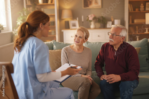 In a well-lit living room, a home health nurse in scrubs sits facing a senior couple on a couch, holding a clipboard and pen, engaging in a conversation regarding healthcare.