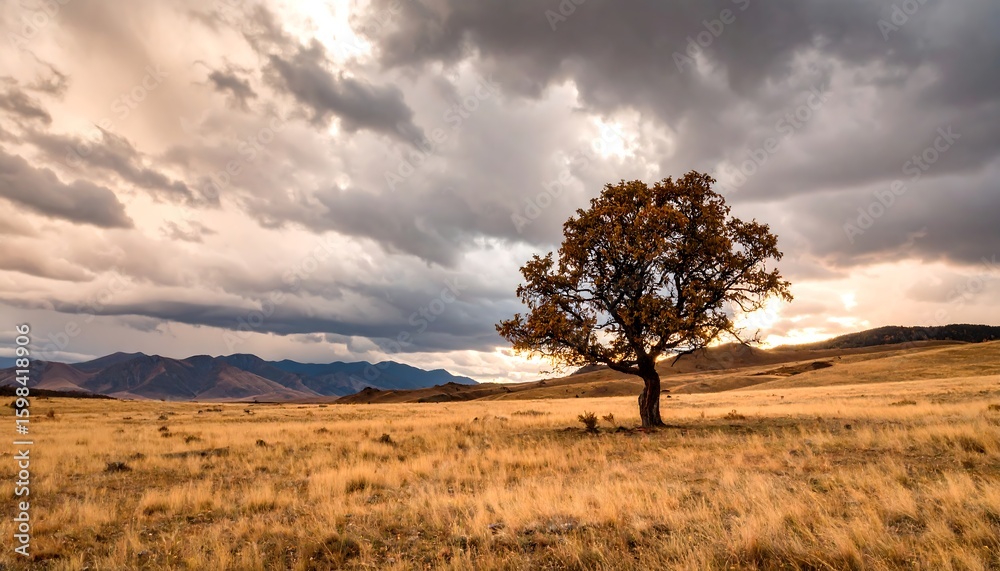 Obraz premium Lonely tree in golden field, storm clouds