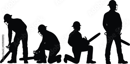 Silhouette of chainsaw workers, protective gear, safety helmets, industrial tools, construction labor, isolated on white background, maintenance, forestry, teamwork, equipment