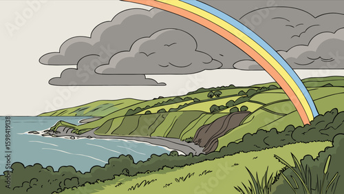 Coastal landscape with rainbow and stormy clouds vector illustration for graphic design and print media use