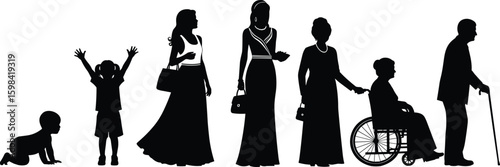 Silhouette of human life stages, from crawling baby to elderly in wheelchair, illustrating aging process, care, inclusion, growth, diversity